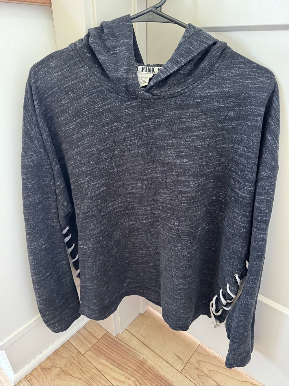 PINK Victoria's Secret Heathered Black Hooded Sweatshirt with Lace-Up Sides